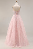 Sweetheart Pink A Line Sequin Corset Long Prom Dress with 3D Flowers