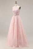 Sweetheart Pink A Line Sequin Corset Long Prom Dress with 3D Flowers