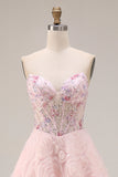 Sweetheart Pink A Line Sequin Corset Long Prom Dress with 3D Flowers