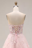 Sweetheart Pink A Line Sequin Corset Long Prom Dress with 3D Flowers
