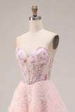 Sweetheart Pink A Line Sequin Corset Long Prom Dress with 3D Flowers