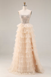 Apricot Beaded Strapless A Line Tiered Ruffle Corset Long Prom Dress with Slit