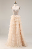 Apricot Beaded Strapless A Line Tiered Ruffle Corset Long Prom Dress with Slit