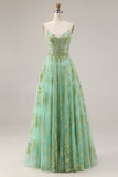 Sparkly Green Sequin A Line Tulle Long Prom Dress