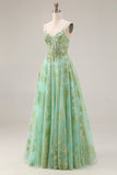 Sparkly Green Sequin A Line Tulle Long Prom Dress