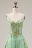 Sparkly Green Sequin A Line Tulle Long Prom Dress