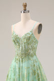 Sparkly Green Sequin A Line Tulle Long Prom Dress