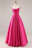 Fuchsia A Line Strapless Pleated Satin Long Prom Dress