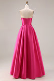 Fuchsia A Line Strapless Pleated Satin Long Prom Dress