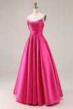 Fuchsia A Line Strapless Pleated Satin Long Prom Dress