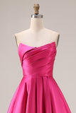 Fuchsia A Line Strapless Pleated Satin Long Prom Dress