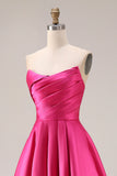 Fuchsia A Line Strapless Pleated Satin Long Prom Dress