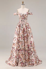 Desert Rose Floral A Line Off the Shoulder Corset Long Prom Dress