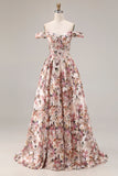 Desert Rose Floral A Line Off the Shoulder Corset Long Prom Dress