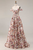 Desert Rose Floral A Line Off the Shoulder Corset Long Prom Dress