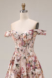 Desert Rose Floral A Line Off the Shoulder Corset Long Prom Dress
