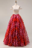 Sparkly Fuchsia Off the Shoulder A Line Beaded Sequin Long Prom Dress with 3D Flowers