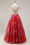 Sparkly Fuchsia Off the Shoulder A Line Beaded Sequin Long Prom Dress with 3D Flowers