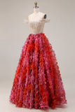 Sparkly Fuchsia Off the Shoulder A Line Beaded Sequin Long Prom Dress with 3D Flowers