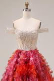 Sparkly Fuchsia Off the Shoulder A Line Beaded Sequin Long Prom Dress with 3D Flowers