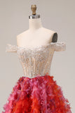 Sparkly Fuchsia Off the Shoulder A Line Beaded Sequin Long Prom Dress with 3D Flowers