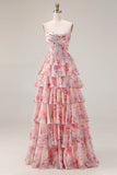 Pink Floral Printed A Line Strapless Tiered Ruffle Corset Long Prom Dress