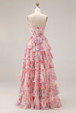 Pink Floral Printed A Line Strapless Tiered Ruffle Corset Long Prom Dress