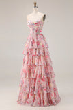 Pink Floral Printed A Line Strapless Tiered Ruffle Corset Long Prom Dress