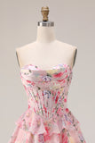 Pink Floral Printed A Line Strapless Tiered Ruffle Corset Long Prom Dress