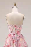 Pink Floral Printed A Line Strapless Tiered Ruffle Corset Long Prom Dress