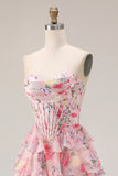 Pink Floral Printed A Line Strapless Tiered Ruffle Corset Long Prom Dress