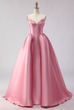 Strapless A Line Pink Satin Long Prom Dress