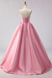 Strapless A Line Pink Satin Long Prom Dress