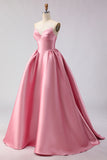 Strapless A Line Pink Satin Long Prom Dress