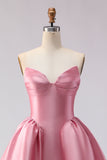 Strapless A Line Pink Satin Long Prom Dress