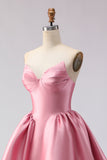 Strapless A Line Pink Satin Long Prom Dress