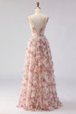 Light Pink Floral A Line Printed Corset Ruffle Long Prom Dress