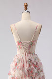 Light Pink Floral A Line Printed Corset Ruffle Long Prom Dress