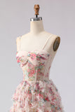 Light Pink Floral A Line Printed Corset Ruffle Long Prom Dress