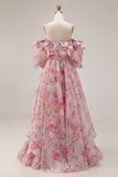 Pink Floral Off the Shoulder A Line Ruffled Long Prom Dress with Puff Sleeves