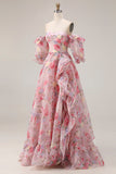 Pink Floral Off the Shoulder A Line Ruffled Long Prom Dress with Puff Sleeves
