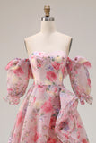 Pink Floral Off the Shoulder A Line Ruffled Long Prom Dress with Puff Sleeves