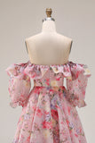 Pink Floral Off the Shoulder A Line Ruffled Long Prom Dress with Puff Sleeves