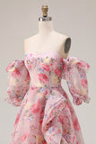 Pink Floral Off the Shoulder A Line Ruffled Long Prom Dress with Puff Sleeves