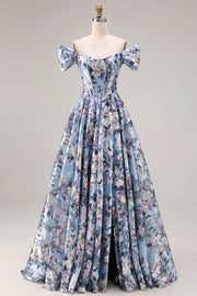 Blue Floral Off the Shoulder A Line Corset Long Prom Dress with Slit