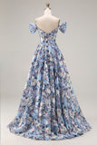 Blue Floral Off the Shoulder A Line Corset Long Prom Dress with Slit
