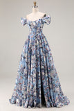 Blue Floral Off the Shoulder A Line Corset Long Prom Dress with Slit