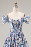 Blue Floral Off the Shoulder A Line Corset Long Prom Dress with Slit
