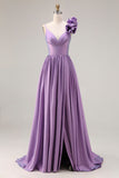 Purple A Line Ruched 3D Flower Spaghetti Straps Long Prom Dress with Slit