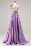Purple A Line Ruched 3D Flower Spaghetti Straps Long Prom Dress with Slit